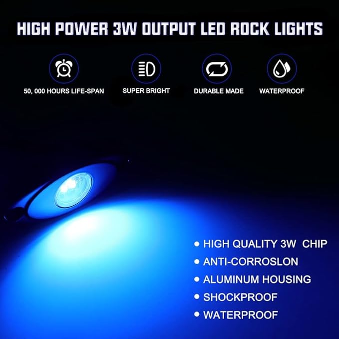 SUNPIE 8 Pods Quick Connect Blue Rock Lights, 4M Extension Wires Each Light, 3 High Power Chips, Rubber Mounting Pads, IP67 Waterproof Rock Lights Fits for Trucks Trailer Cars SUV ATV UTV Boats