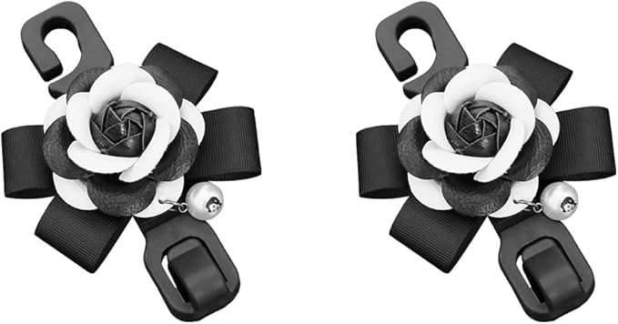 Car Seat Headrest Hook, 2PCS Cute Flower Vehicle Backseat Organizer Hanger for Purse Grocery Bag Coat, Auto Interior Hanging Decor Accessories, Universal for SUV Sedan Truck (Black/White)