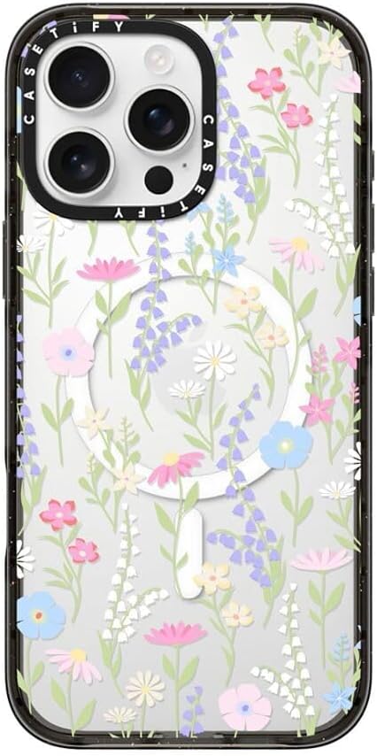 CASETiFY Impact Case for iPhone 16 Pro Max [Slim / 8.2 ft. 4X Military Grade Drop Protection/Compatible with Magsafe] - Pink Pastel Cute Floral - Clear Black