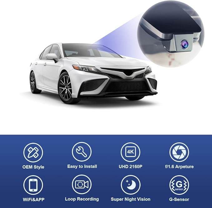 Fitcamx 4K Dash Cam Suitable for Toyota Camry 2021 2022 2023 2024 LE L XLE TRD XSE SE Hybrid (Gen8/XV70), OEM Look, 2160P UHD Video， WiFi & APP, Loop Recording, G-Sensor, Easy to Use, 64GB Card