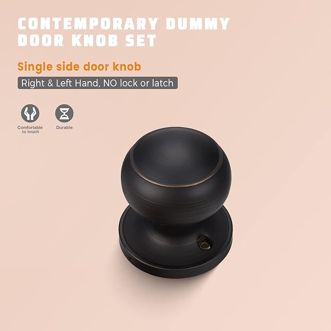 KNOBWELL 4 Pack Bronze Dummy Door Knob, Single Sided Handle for Closets, French Double Doors, and Pantry, Oil Rubbed Bronze One Side Non-Turning Interior Push/Pull Door Knob