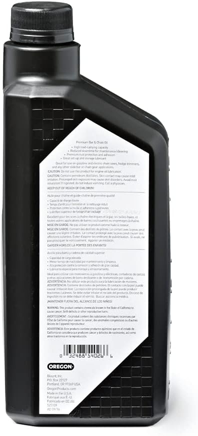 Oregon 54-026 Premium Bar and Chain Oil and Lubricant for Chainsaws, 1 Quart Bottle (32 fl.oz / 946 ml)