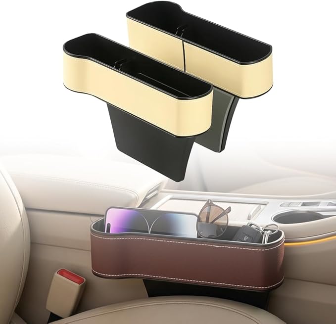 Car Seat Gap Filler Organizer, 2026 New Premium Leather Console Organizer for Holding Phone, Sunglasses, Auto Console Side Storage Box with Cup Holders 2 Seat Hooks for Drink (Beige, 1Set)