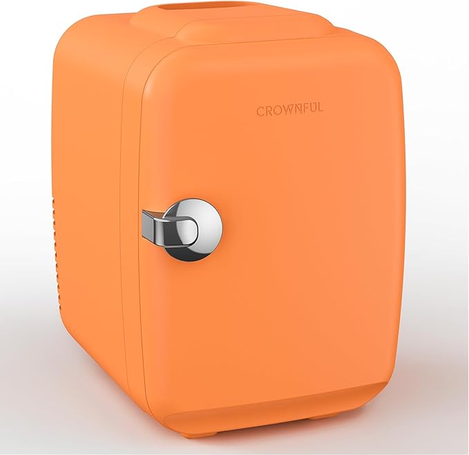 CROWNFUL Mini Fridge, 4 Liter/6 Can Portable Cooler and Warmer Personal Refrigerator for Skin Care, Cosmetics, Beverage, Food,Great for Bedroom, Office, Car, Dorm(Orange)
