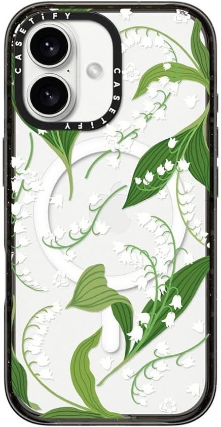 CASETiFY Impact Case for iPhone 16 [Slim / 8.2 ft. 4X Military Grade Drop Protection/Compatible with Magsafe] - Lily of The Valley - Clear Black