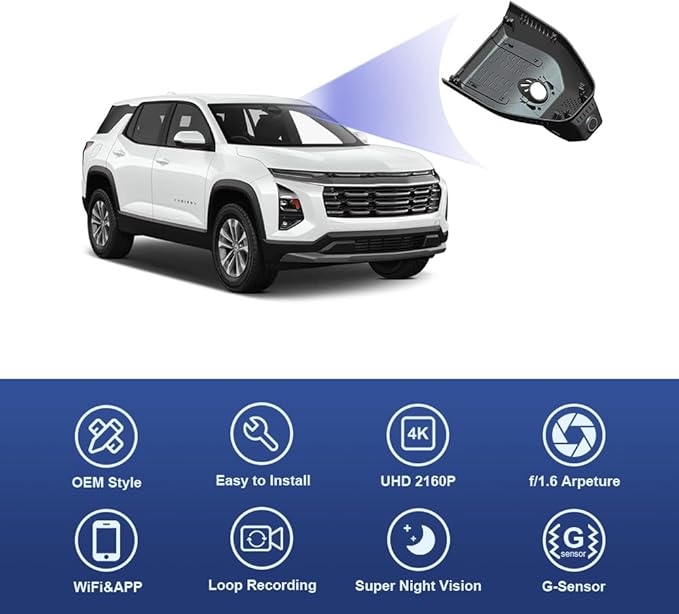 Fitcamx 4K Dash Cam Suitable for Chevy Equinox 2025 2026 (Gas Powerd, HD2-1231) LT Activ RS, OEM Factory Look, UHD 2160P Video, Built-in WiFi & APP, Loop Recording, G-Sensor, Plug & Play, 64GB Card