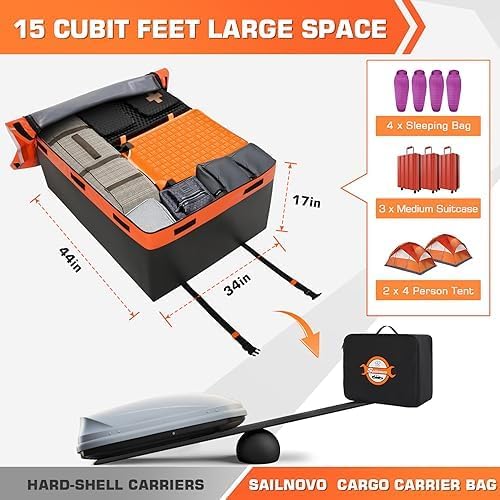 Sailnovo Rooftop Cargo Carrier 15 Cubic Feet, Waterproof Car Roof Bag Top Luggage Storage with Slip Mat, 4 Door Hooks & Heavy-Duty PVC for All Vehicle Roof with/Without Rack Cross Bar Orange