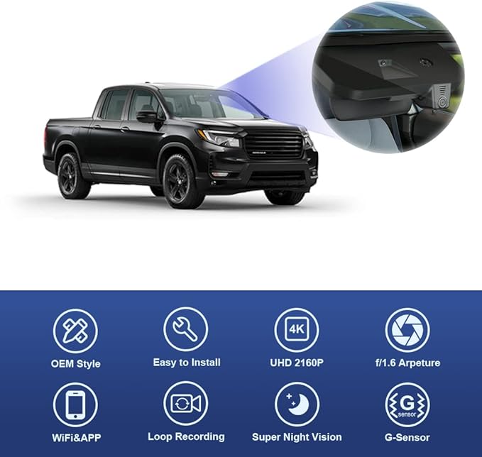 Fitcamx 4K Dash Cam Suitable for Honda Ridgeline 2017-2025 RT RTS Trail Sport Black Edition RTL (DZ-0337), OEM Look, UHD 2160P Video, WiFi & APP, Loop Recording, G-Sensor, Plug & Play, 64GB Card
