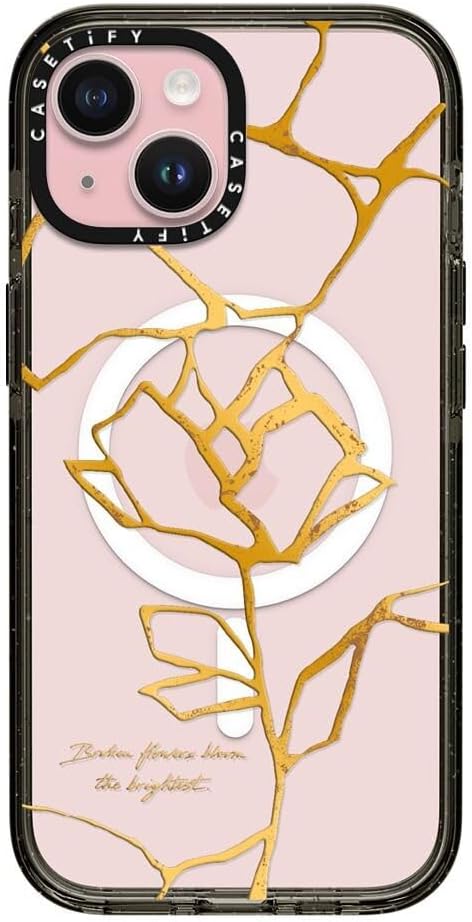 CASETiFY Impact iPhone 15 Case [Slim/Compatible with Magsafe / 8.2 ft. 4X Military Grade Drop Protection] - Kintsugi Flower - Clear Black