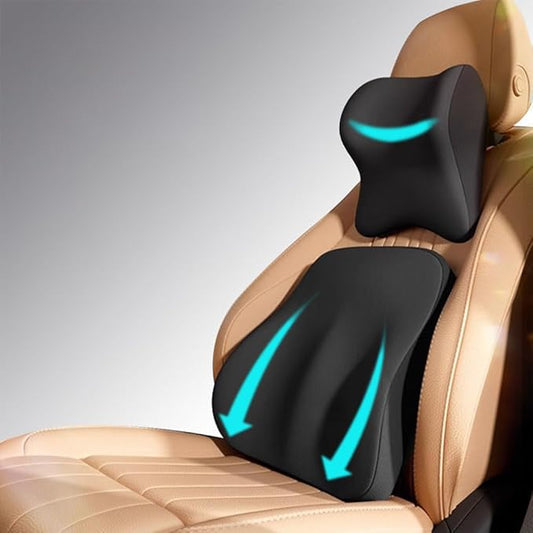 Car Headrest and Lumbar Support Cushion, Car Lumbar Support Pillow Car Neck Pillow Kit, Ergonomic Car Seat Headrest Pillow Lumbar Cushion with Adjustable Strap for Neck Back Pain Relief (Black)
