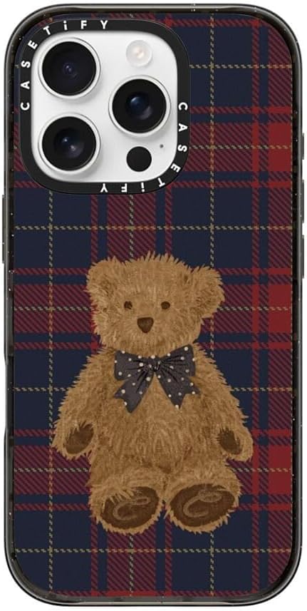CASETiFY Impact Case for iPhone 16 Pro [8.2ft 4X Military Grade Drop Protection/Compatible with Magsafe] - Teddy Bear Plaid - Clear Black