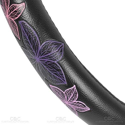 BDK GripGrab Comfort Grip - Purple & Pink Flowers Design on Black Synthetic Leather Steering Wheel Cover 15" - SW-538_AM