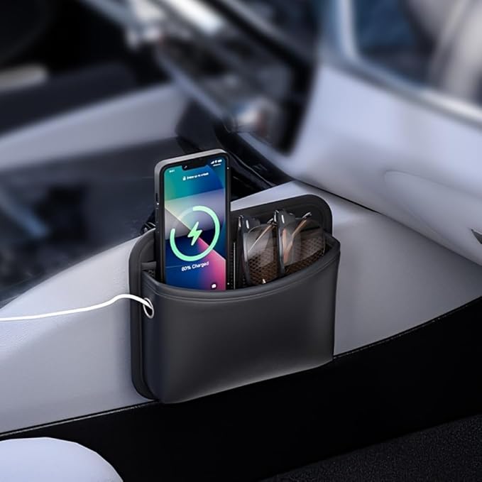 Car Seat Side Pocket Organizer - PU Leather Auto Door Console Mini Storage Bag for Keys, Phone, Sunglasses, Registration, and Documents (Black)