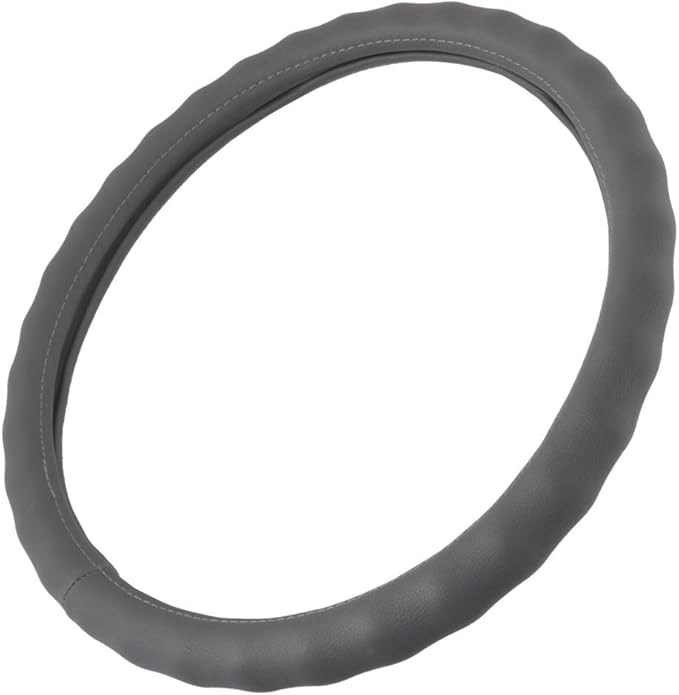 BDK Gray Leather Car Steering Wheel Cover Large Size 15.5 to 16 inch, Easy Installation