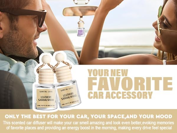 C Classy Hanging Car Air Freshener 2 Pack, Leathery Sandalwood Essential Oil Diffuser, Long-Lasting Fragrance, Cute Glass Bottle Car Accessories for Women & Men, Made in USA