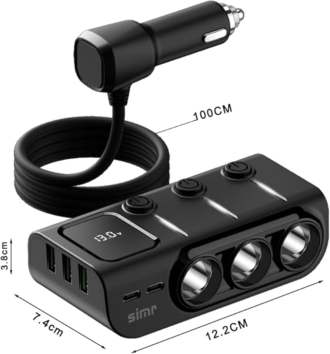 3 Socket Cigarette Lighter Splitter 3 USB+2 Type C Port Quick Car Charger Adapter with LED Voltage Display and on/Off Switch for iPhone Samsung