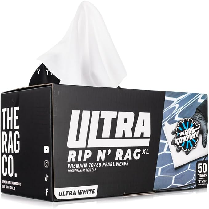 The Rag Company - Ultra Rip N' Rag XL Premium Reusable Pearl-Weave Microfiber Towels for Coatings, Glass, Detailing, Home, RV and More - 50 Count - Quality 70/30 Blend - 280gsm 16" x 16" - White