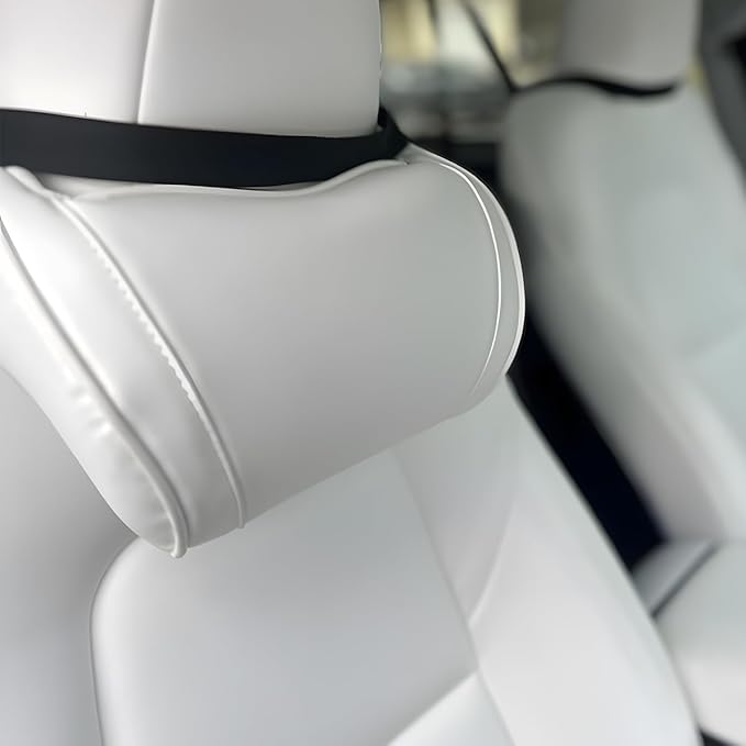 Car Neck Pillow, Memory Foam Ergonomic Auto Headrest Cushion Pillow, Relieve Driving Fatigue Car Neck Support Pillows, Comfortable Leather Vehicle Seat Pillows with Adjustable Strap (White)