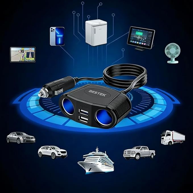 BESTEK 150W 2-Socket Car Cigarette Lighter Splitter Power Adapter DC Outlet Car Charger Dual 2.4A USB with 26 Inches Cord for Cellphone GPS Dash Cam