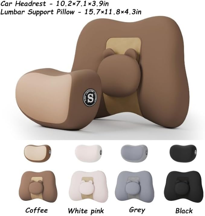 Car Lumbar Support and Neck Pillow for Driving Seat, Memory Foam Car Back Support Pillow & Headrest for Improve Posture, Driver Back Neck Sciatica Pain Relief Cushion (Coffee)