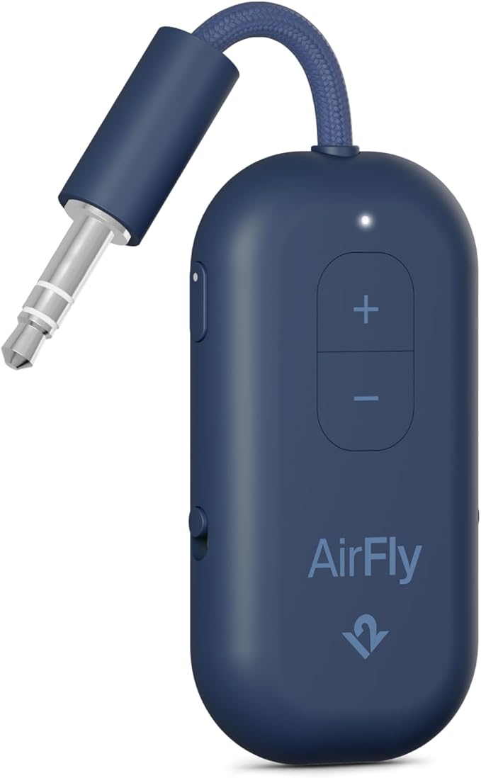 Twelve South AirFly Pro 2 Bluetooth 5.0 Transmitter/Receiver for TV to 2 Wireless Headphones – Wireless Adapter for AirPods, Car, Gym, Home, Use with Any 3.5 mm Audio Jack, Blue