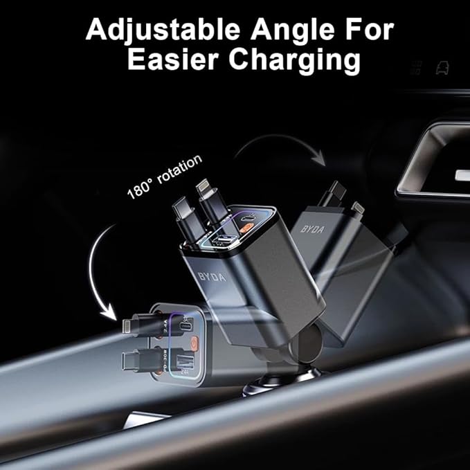 4 in 1 Retractable Car Charger,69W USB-C Fast Car Charger, for iPhone 17/16/15/14/13/12/11, Android,Pixel,Cigarette Lighter Charger (for Type C+Apple &RGB[Grey])