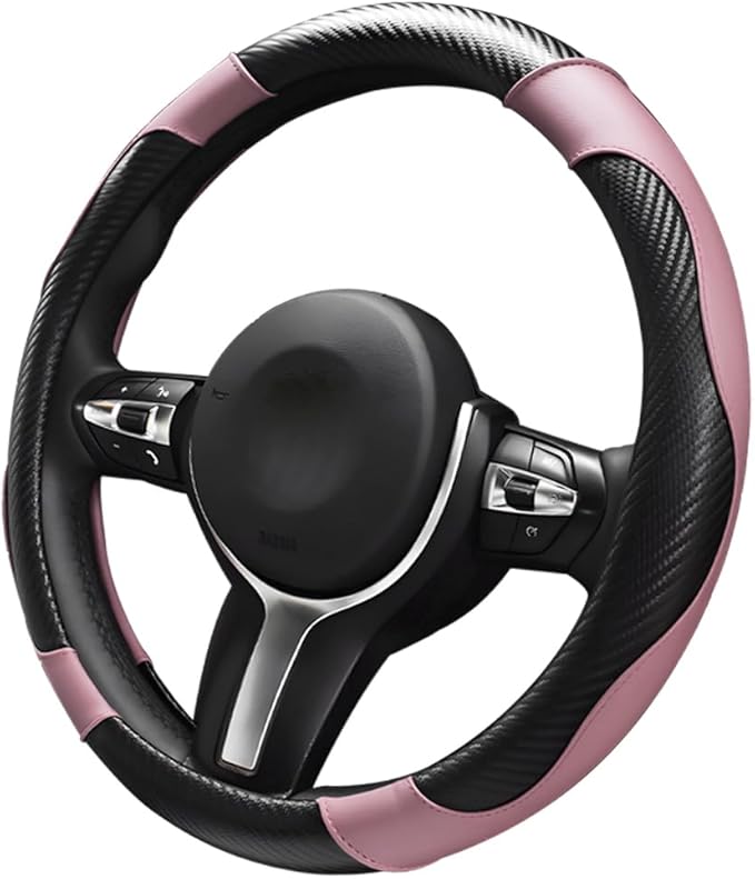 Car Steering Wheel Cover, 15 inch Carbon Fiber Microfiber Leather Elastic Steering Wheel Protector, Breathable Anti-Slip Comfortable Steering Wheel Covers for Most Cars (Black&Pink)