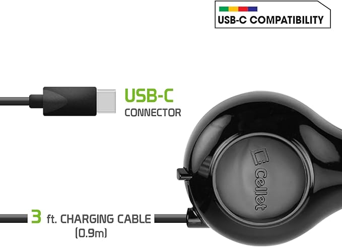Cellet Retractable USB-C Car Charger – 15W Fast Charging, 3.3ft Cable, 3A Output, Blue LED Indicator – Compatible with Apple iPhone 15/16 Series & Samsung Android USB-C Devices – Compact, Tangle-Free