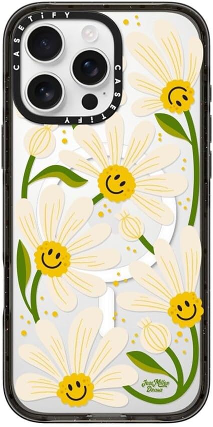CASETiFY Impact iPhone 16 Pro Max Case [Slim/Compatible with Magsafe / 8.2 ft. 4X Military Grade Drop Protection] - 90s Daisy - Clear Black