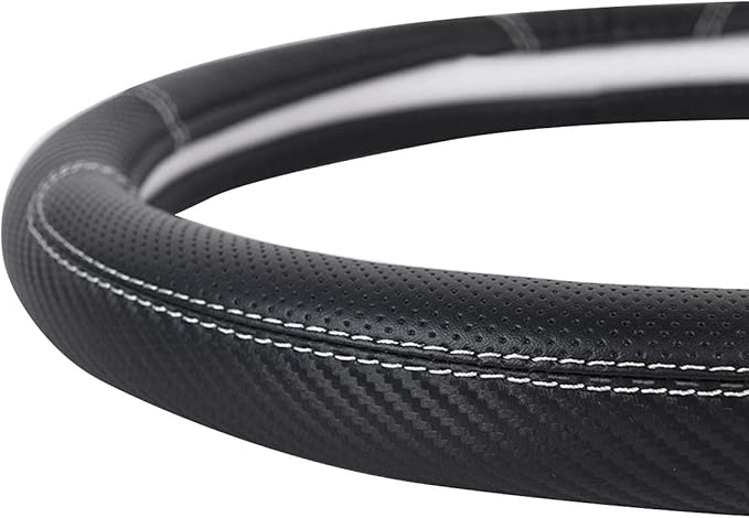 CAR-GRAND Carbon Fiber Steering Wheel Cover, Premium Breathable Leather Sporty Wheel Protection Interior Accessories Standard Size[14" 1/2-15"] Unviersal Fit for Truck SUV Sedans Vans, Black Leather