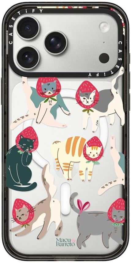 CASETiFY Impact iPhone 17 Pro Max Case [Slim/Compatible with Magsafe / 8.2 ft. 4X Military Grade Drop Protection] - Strawberry Cats - Clear Black