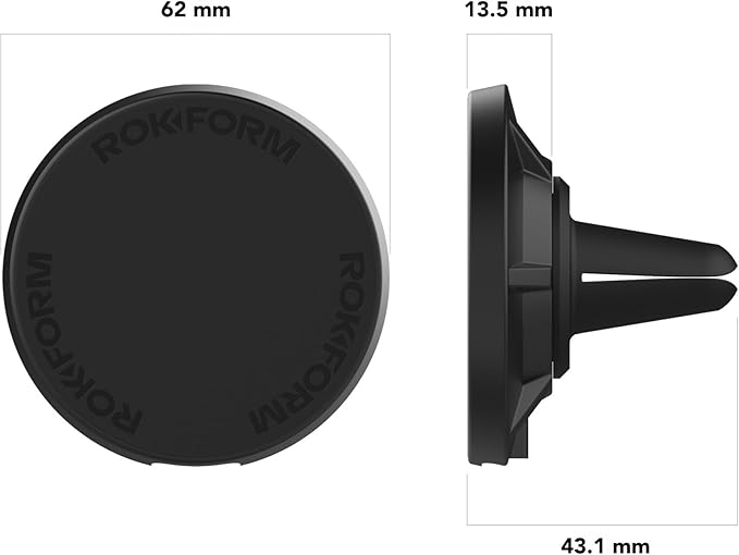 ROKFORM Wireless Car Charger, Magnetic Vent Mount, Compatible with Mag Safe Phone Cases, Super Grip Clip, USB-C to USB-C Cable Included (Black)