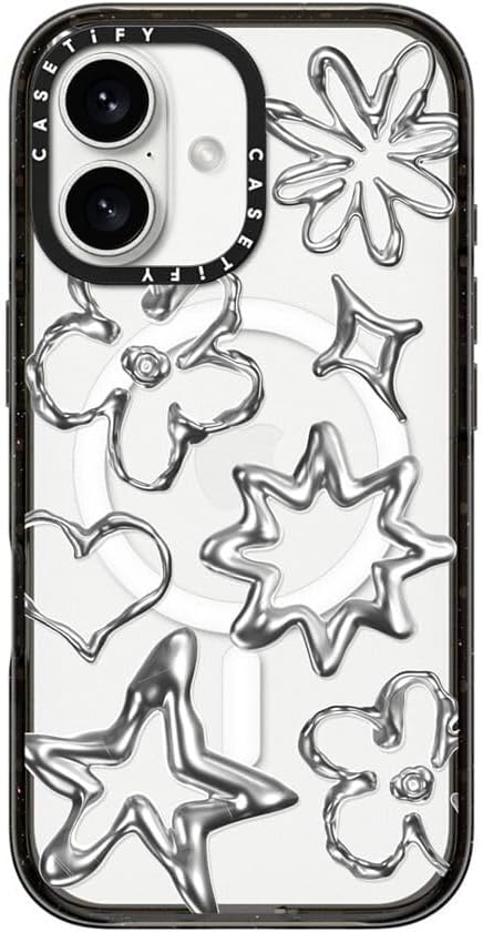 CASETiFY Impact Case for iPhone 16 [Slim / 8.2 ft. 4X Military Grade Drop Protection/Compatible with Magsafe] - Chrome Doodles - Clear Black