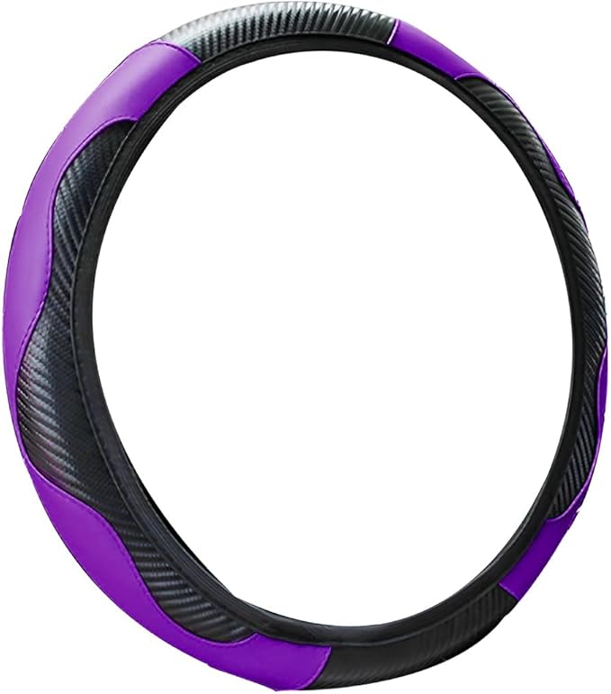 Car Steering Wheel Cover, Microfiber PU Leather Elastic Carbon Fiber Auto Steering Wheel Protector, 15 Inch Breathable Anti-Slip for Women Men, Car Interior Accessories for Most Cars (Black/Purple)