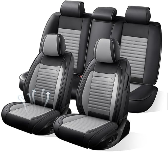 Car Seat Covers Full Set Fit for Toyota Matrix 2003-2014, Premium Faux Leather Car Seat Protector,Breathable Anti-Slip Full Wrapping Edge Seat Covers(Black&Gray,Full Set)
