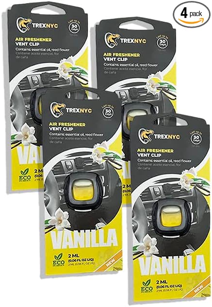 Car Air Fresheners Vent Clips, Essential Car Odor Eliminator, Perfect Scented Accessories, For Long Lasting Fragrance up to 30 days, 0.07 FL.OZ (Vanilla, 4 Packs)