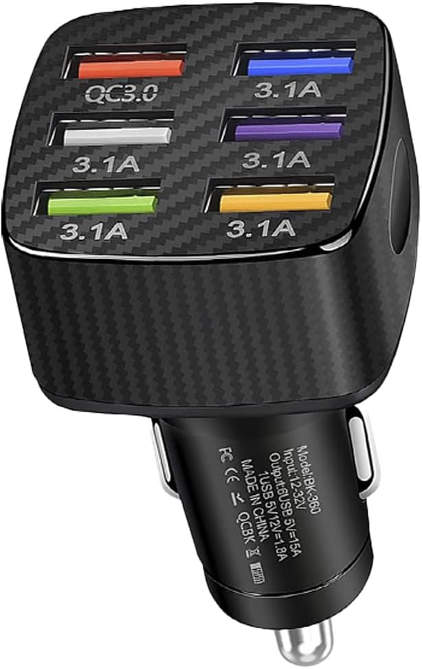 Car Charger Adapter, 6 USB Multi-Port Fast Charger QC3.0 USB Smart Shunt Cigarette Lighter Charger, Car Phone Charger for iPhone, Android, Samsung, Galaxy