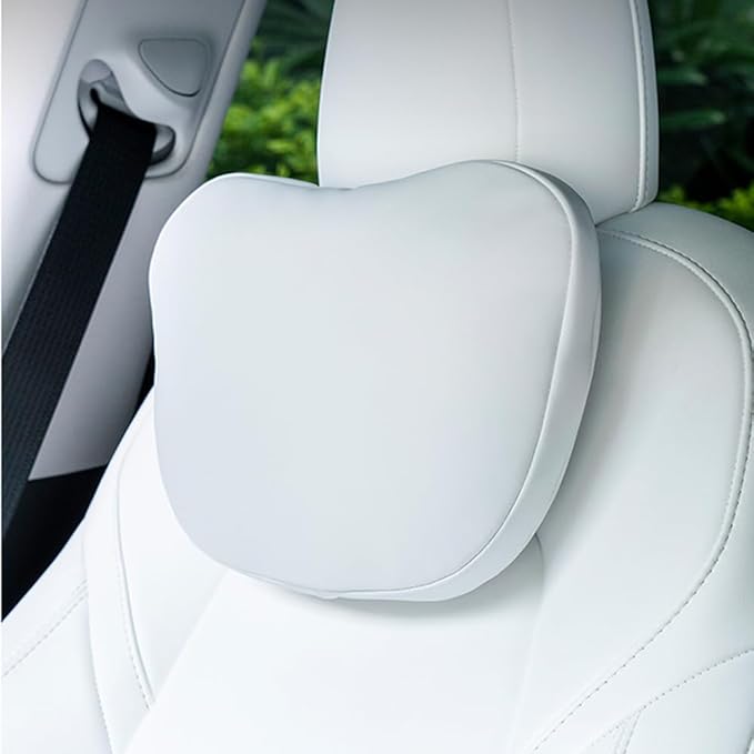 Seat Headrest Neck Pillow for Tesla Model S/X/3/Y Juniper 19-25 Car Neck Support Pillow Seat Headreck Cushion Nappa Leather Neck Support Car Accessories(1pcs White)
