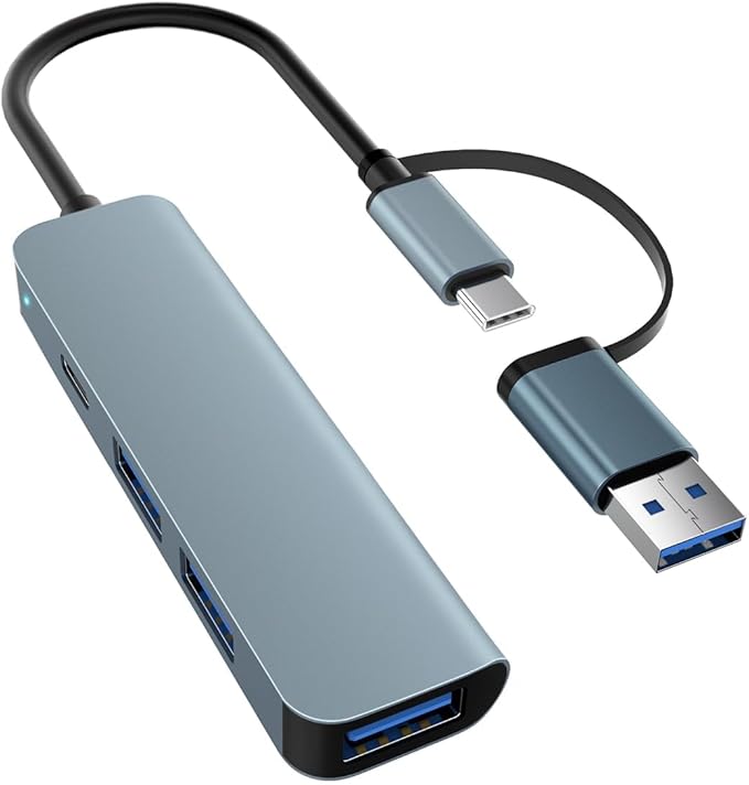 4-Port USB Hub with Type-C, USB 3.0 Data Hub Ultra-Slim Aluminum USB C Hub, 5Gbps Transfer Speed Multiple Ports Splitter for iPhone 17 16, Samsung, MacBook,PC,Laptop,iPad, Flash Drive,HDD