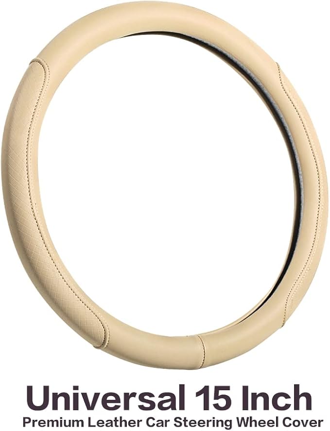 VARGTR Microfiber Leather Steering Wheel Cover with Classic Embossing, Anti-Slip Breathable Auto Car Wheel Protector, Fit 15 Inch (Beige)