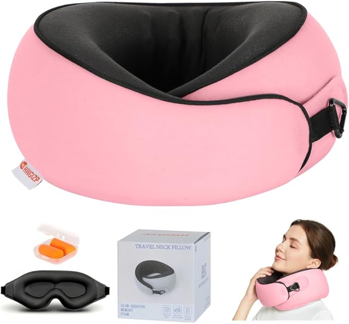 Travel Pillow, Memory Foam Neck Pillow for Sleeping, 360° Ergonomic Support Travel Neck Pillow for Flights, Portable Set with 3D Eye Mask, Washable Cover, Comfort for Airplane & Office (Pink)