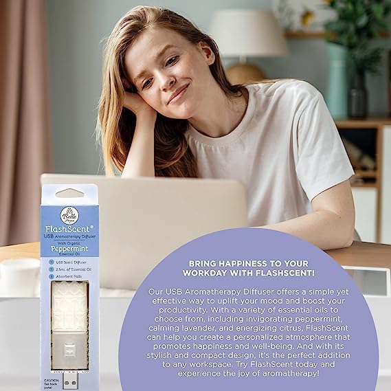 Belle Aroma® FlashScent™ USB Aromatherapy Bundle - for Car, Office, Home, and Travel - Includes 1 Pearl White Peppermint Oil Diffuser Kit, 1 Lavender FlashScent Essential Oil, and 7 Refill Pads