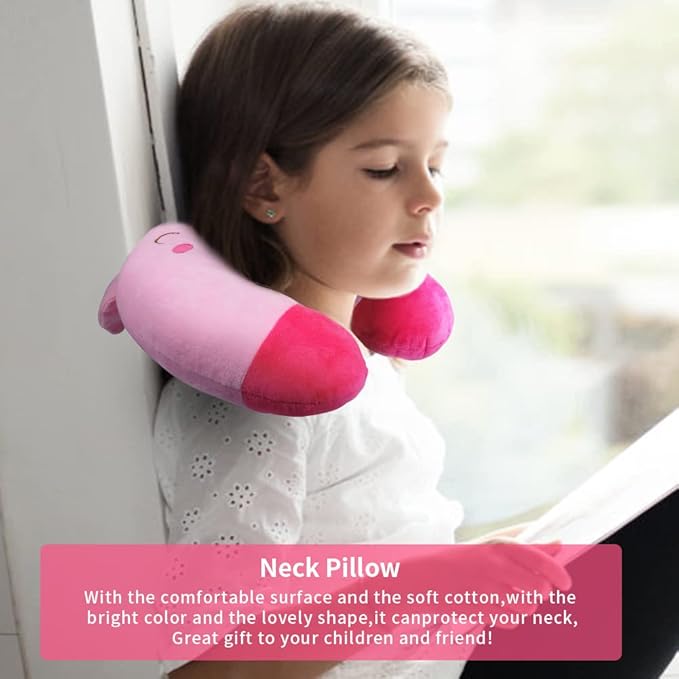 Travel Pillow for Kids, Cute Animal Neck Pillow Support U Shaped Cushion Plush Soft Rest Reading Pillows Sleeping Pillows for Airplane Train Car (Color:Pink Pig)