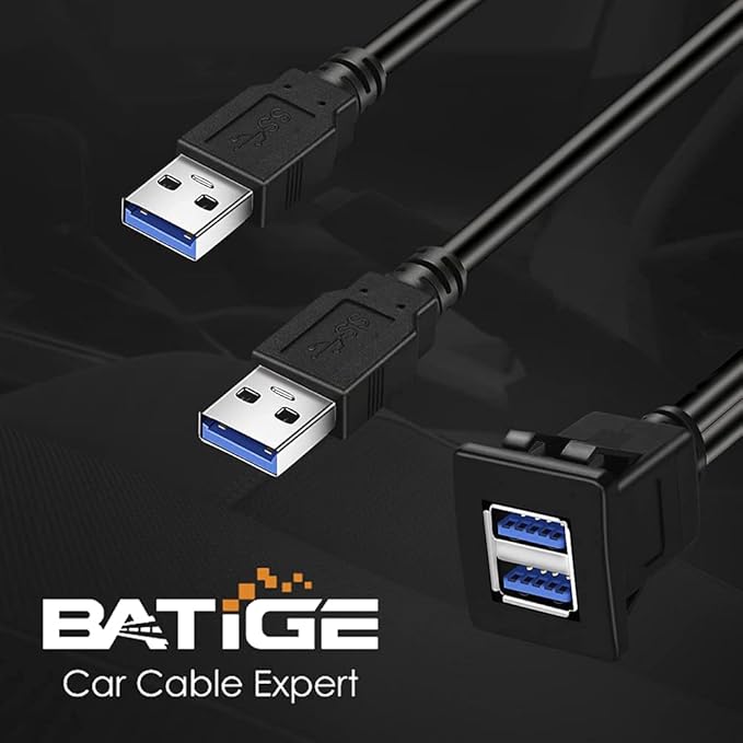 BATIGE Dual Ports Square USB 3.0 Panel Flush Mount Extension Cable with Buckle for Car Truck Boat Motorcycle Dashboard-3ft