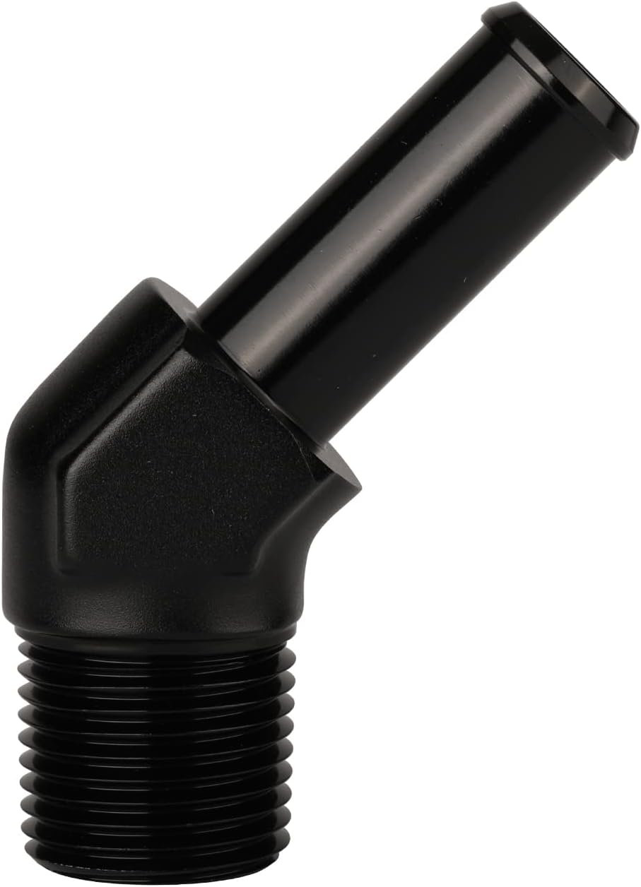 3/8 NPT Male to 1/2" Hose Barb Fitting Adapter 45 Degree Elbow Aluminum Black