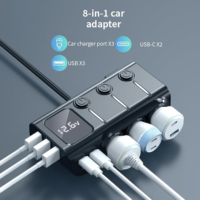 3 Socket Cigarette Lighter Splitter 3 USB+2 Type C Port Quick Car Charger Adapter with LED Voltage Display and on/Off Switch for iPhone Samsung