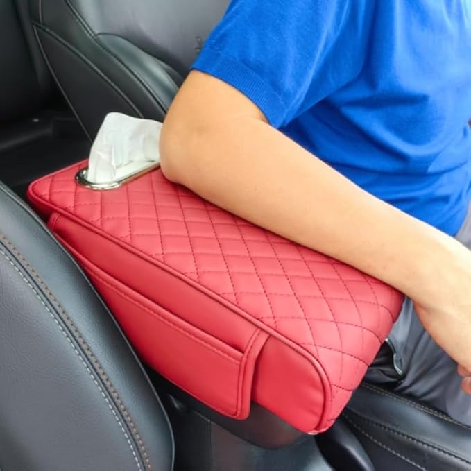 Upgraded Multi-Functional Car Center Console Cover, PU Leather Armrest Pad Cushion with Memory Foam Cushion, 2 Storage Pockets, Tissue Box Hole for Sedan Vehicles, 7 Colors (Red)