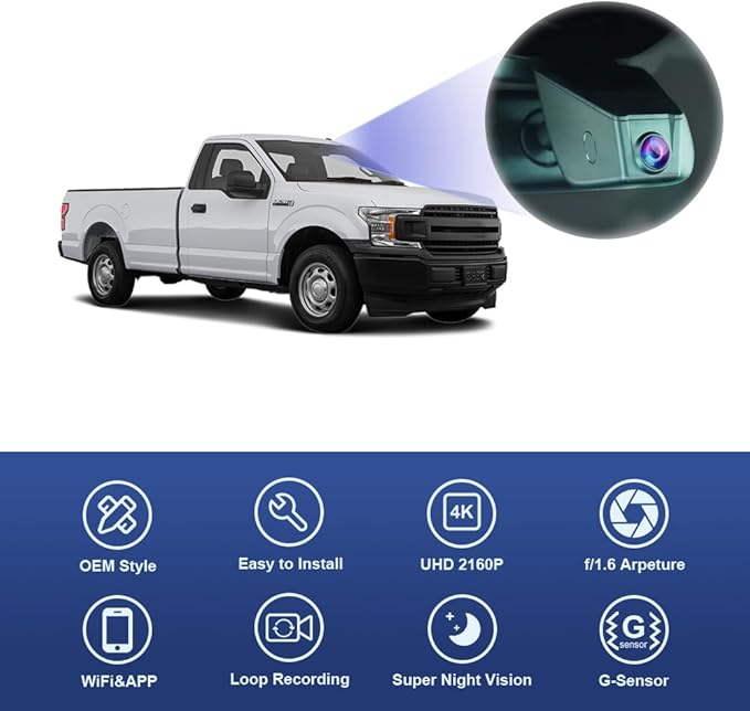 Fitcamx 4K Dash Cam Suitable for Ford F150 2013-2020 (HD2-6275, No Screw Behind Your Cover), Integrated OEM Style, 2160P UHD Video, Loop Recording, WiFi & APP, G-Sensor, Plug & Play, 64GB Card