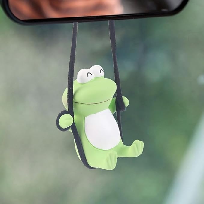 Dotesy 7 Pcs Fluffy Cartoon Frog Car Steering Wheel Cover Set, Wool Steering Wheel Protector with Cup Coasters, Soft Plush Rear Mirror Cover Accessories for Women (Green Frog)