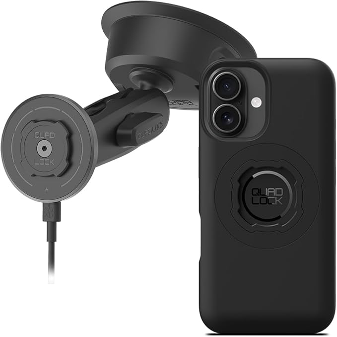 Quad Lock Heavy Duty Suction Car Phone Mount with MAG Phone Case and MAG Wireless Charging Head for iPhone 16